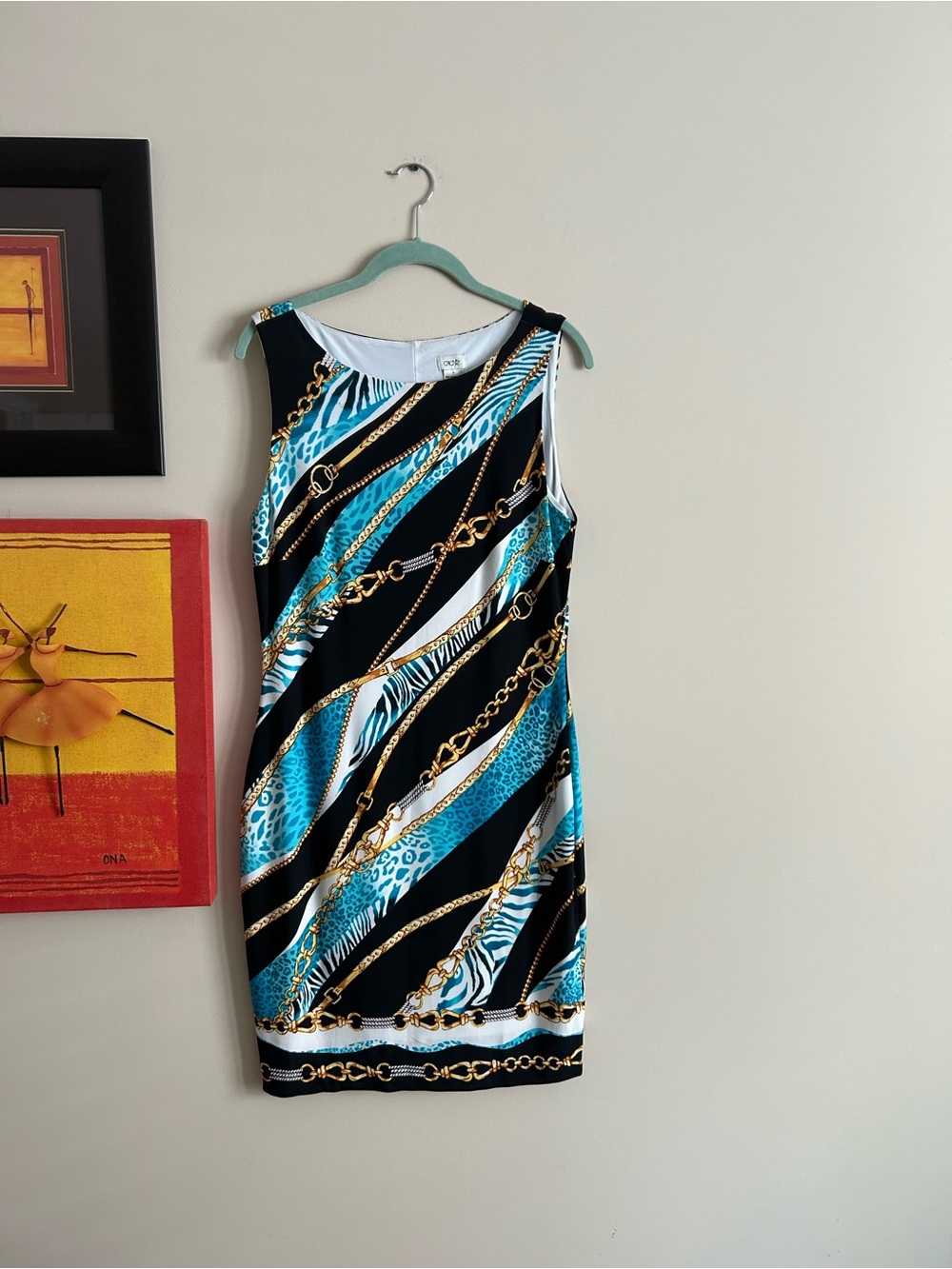 2/$30 Cache Sleeveless Chain-Print Mini Dress in Teal, Black and Gold